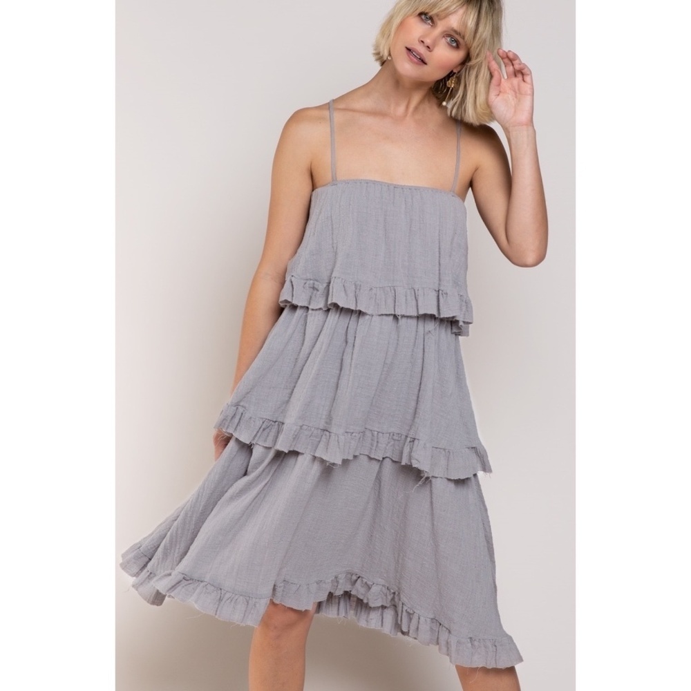 POL Grey Spaghetti Strap Ruffle Tiered Linen Dress - Picture 5 of 6